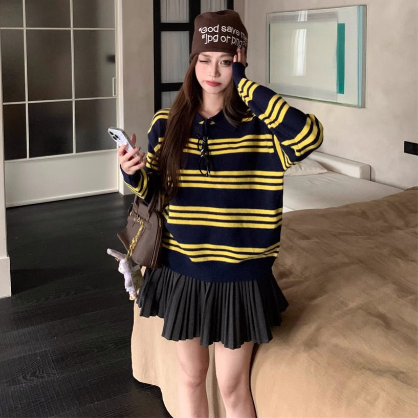 复古撞色条纹翻领套头针织衫女秋毛衣