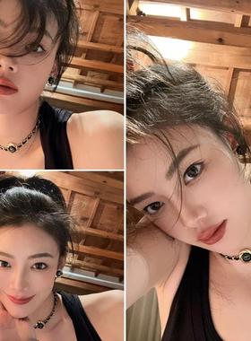 新款复古皮革编织小香风镀14K金钮扣式短颈带项链项圈锁银针