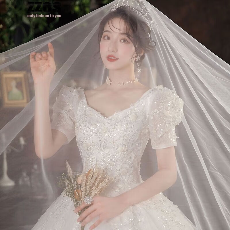 ZZCS轻婚纱礼服2022新款秋冬短袖一字肩遮粗手臂新娘超仙气质显瘦