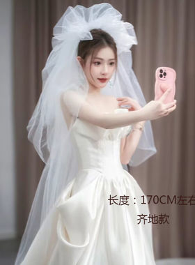 贺杨喻2023新款头纱抓泡云朵蓬蓬头纱韩式新娘摄影造型街拍婚纱跟