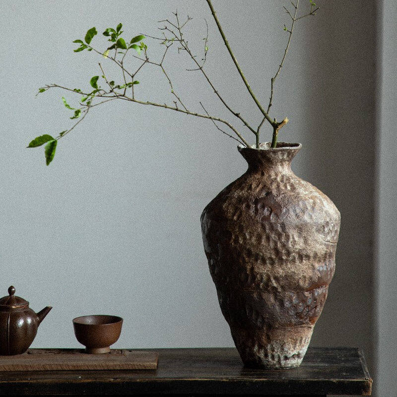 御三泥陶瓷花瓶粗陶瓶插花复古怀旧手工民宿酒店侘寂风禅意摆件侘