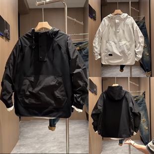 大口袋拉链套头连帽夹克男士 工装 纯色拼接休闲外套潮 新款 2025秋季