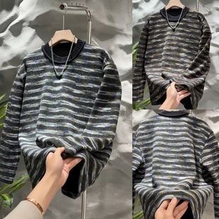 潮牌上衣条纹撞色百搭毛衣痞帅打底衫 新款 卫衣2025冬季 针织领男士