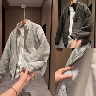 针织立领棉服男2025秋冬新款 加厚棉衣三角标潮牌外套休闲百搭夹克