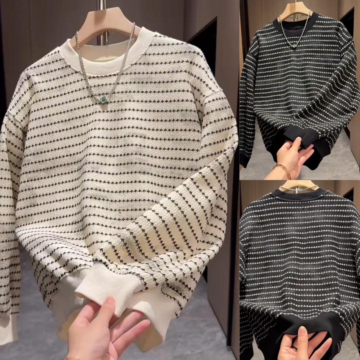 2025秋季新款圆领套头条纹毛衣男