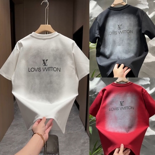 2026新款 男潮流百搭圆领套头休闲T恤潮牌渐变色上衣 字母印花短袖