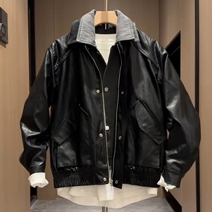 双层翻领设计机车夹克 新款 美式 潮牌复古假两件皮衣外套男2025秋季