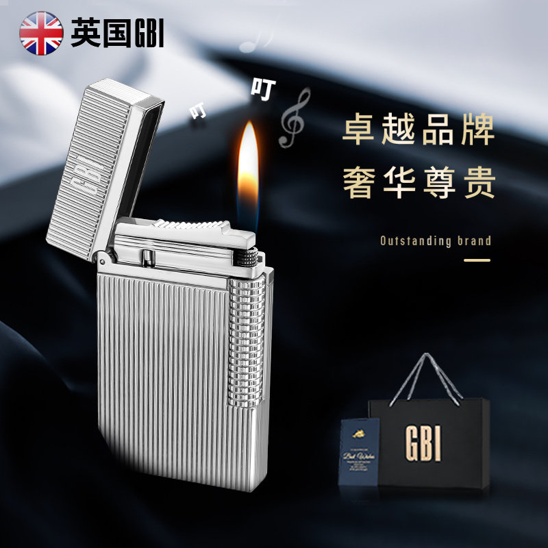 英国GBI大船朗声充气打火机正品高档黄铜超薄个性侧滑送男友礼品