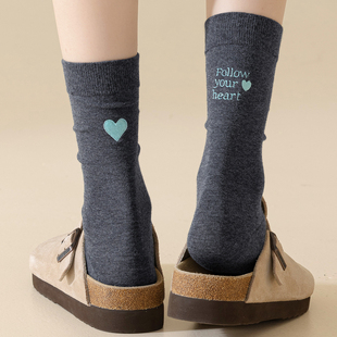 袜子女后跟刺绣爱心AB款堆堆袜吸汗防臭夏季中筒袜灰色纯棉春秋款