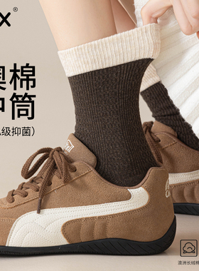 美拉德咖色袜子女士秋季棉袜ins潮日系拼接中筒袜配勃肯鞋堆堆袜