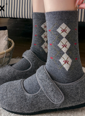 灰色羊毛袜子女秋冬季中筒袜加厚加绒保暖ins潮韩系冬天堆堆长袜