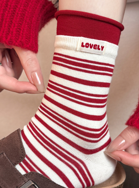 红色袜子女秋冬款本命年堆堆长袜纯棉复古喜庆蝴蝶结新年袜中筒袜