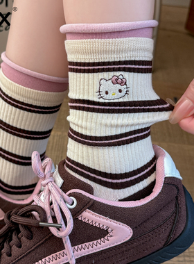 袜子女纯棉中筒袜春秋季可爱卡通刺绣堆堆袜配勃肯鞋学院风长筒袜