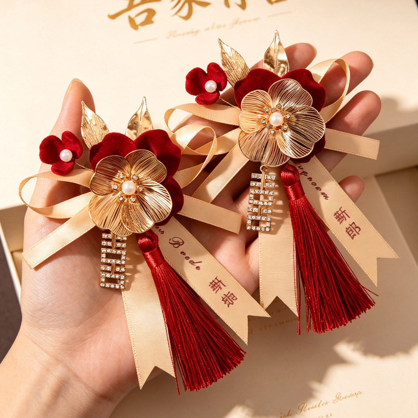 新郎新娘胸花中式婚嫁布艺襟花图片