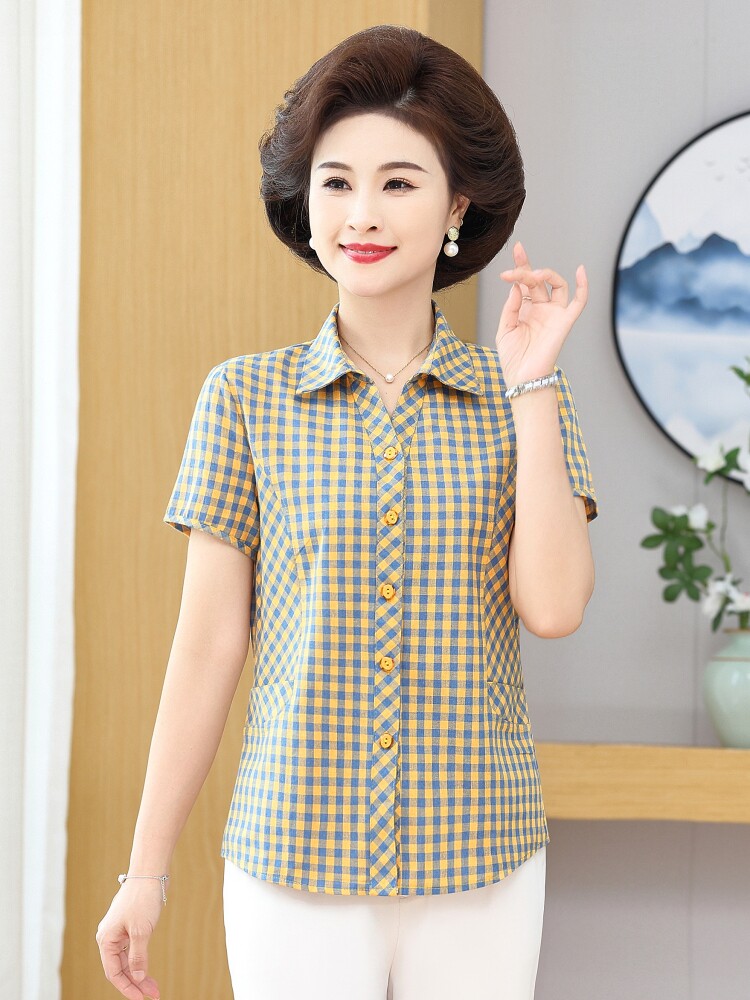 纯棉衬衫女短袖2024夏季新款中年女式妈妈上衣女士全棉格子衬衣衫