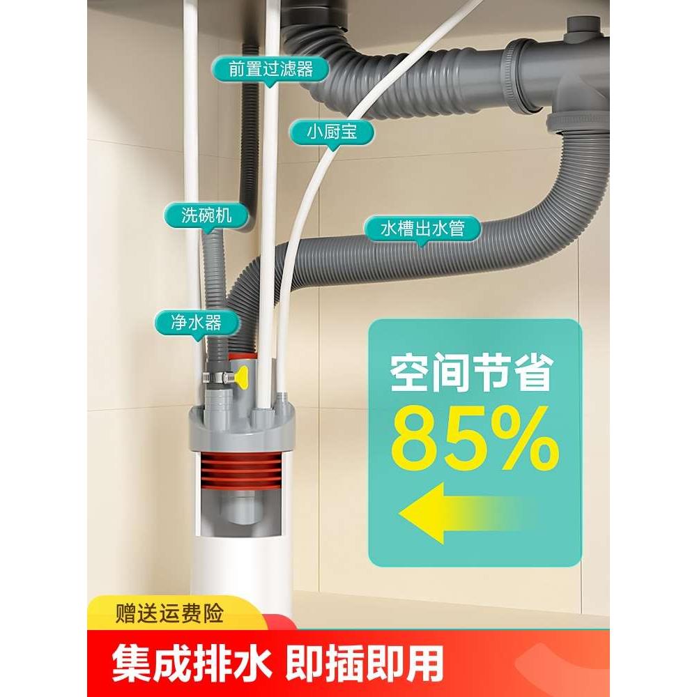 厨房下水管三头水槽排水下水道管防返臭神器出水密封墙排防臭集成