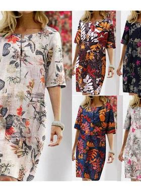 Summer cotton linen printed women dress Casual skirt棉麻女裙