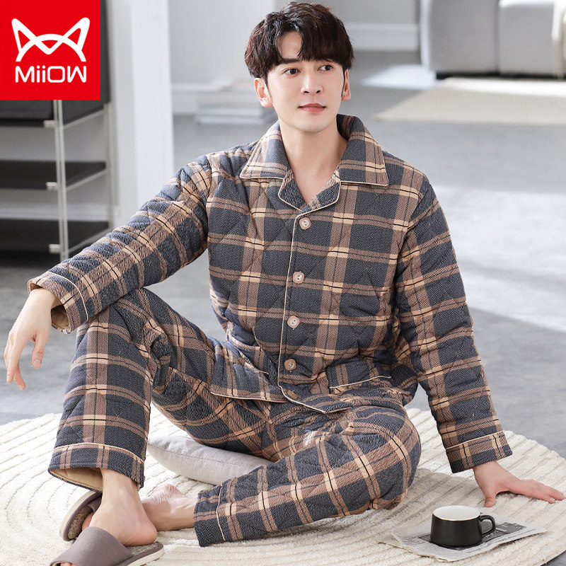 睡衣男士冬季纯棉三层加厚夹棉保暖中老年棉袄全棉家居服套装爸爸