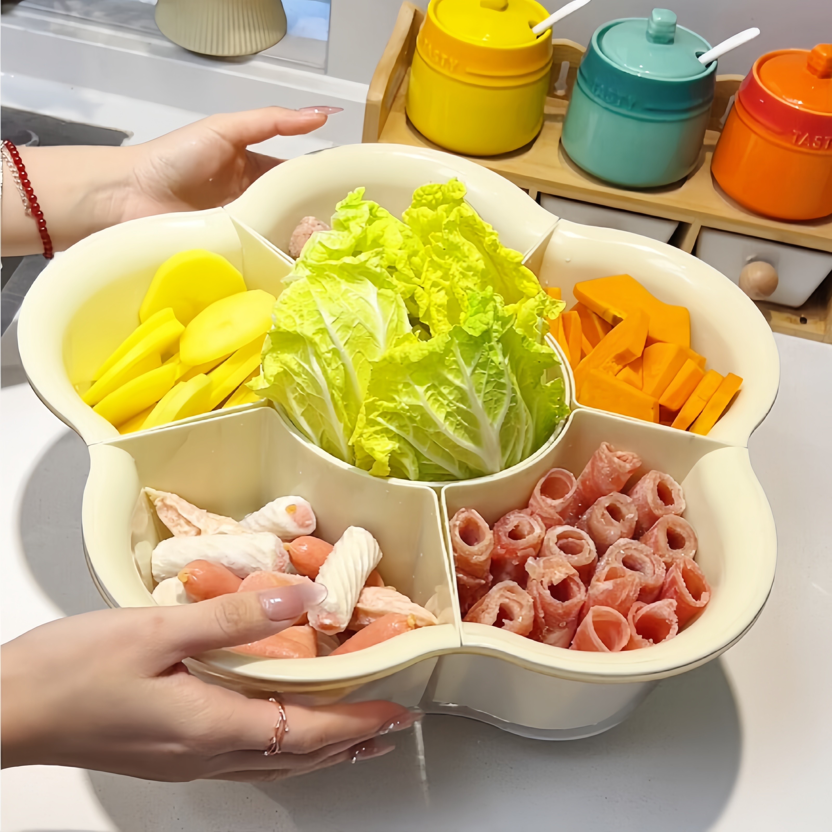 【实拍新品】火锅拼盘沥水篮多分格备菜盘可旋转洗菜篮蔬菜配菜盘,厨房/烹饪用具,配菜/备菜盘,淘宝优惠券,粉丝福利购,淘宝优惠卷