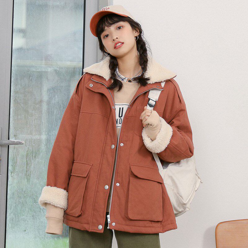 lambskin overalls jacket jacket loose and thick cotton jacke