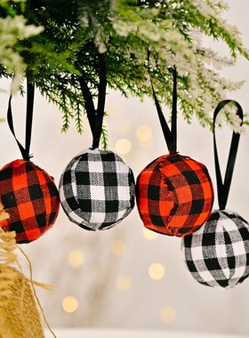 4pcs Christmas Foam Balls 5cm Plaid Cloth Shatterproof Xmas