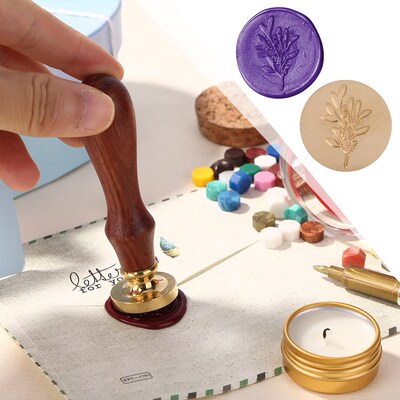 Handmade Wax Seal Stamp Fire Painting Plant Rosewood Handle