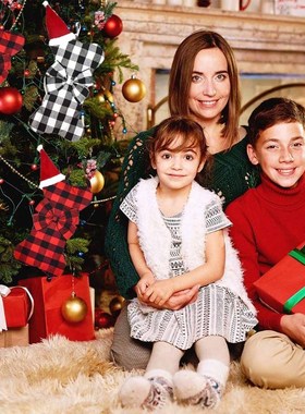 Plaid Printed Bow Christmas Socks with Christmas Hat Candy B