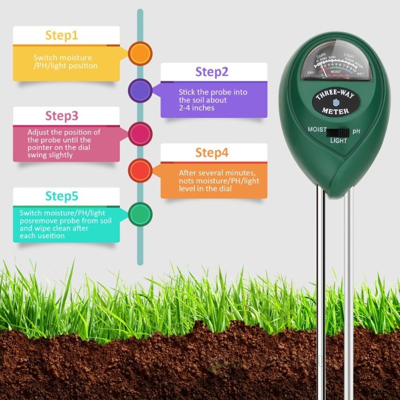 Soil PH Tester 3-in-1 Moisture Sensor Meter Sunlight PH Soil