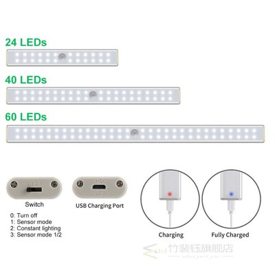 USB Rechargeable 24/40/60 LED PIR Motion Sensor Night Light