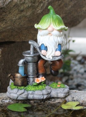 Vintage Resin Elf Elderly Sculpture Gnome Fetching Water Sta