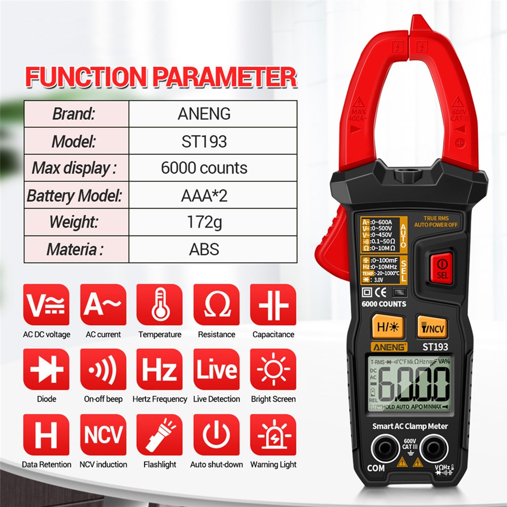 LCD Digital Current Clamp Meter ST193 6000 Counts  DC AC Amm