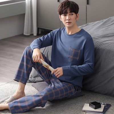 Autumn Winter Cotton Plaid Sleepwear Pajamas for Men Loose L