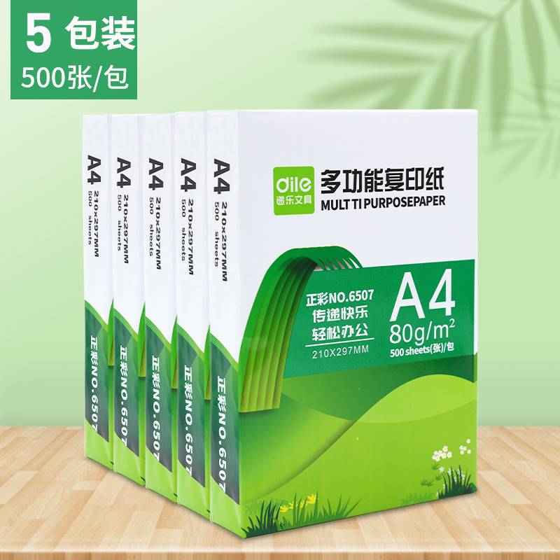 递乐A4打印复印纸整箱80g办公用纸双面打印纸70g整箱5包装2500张