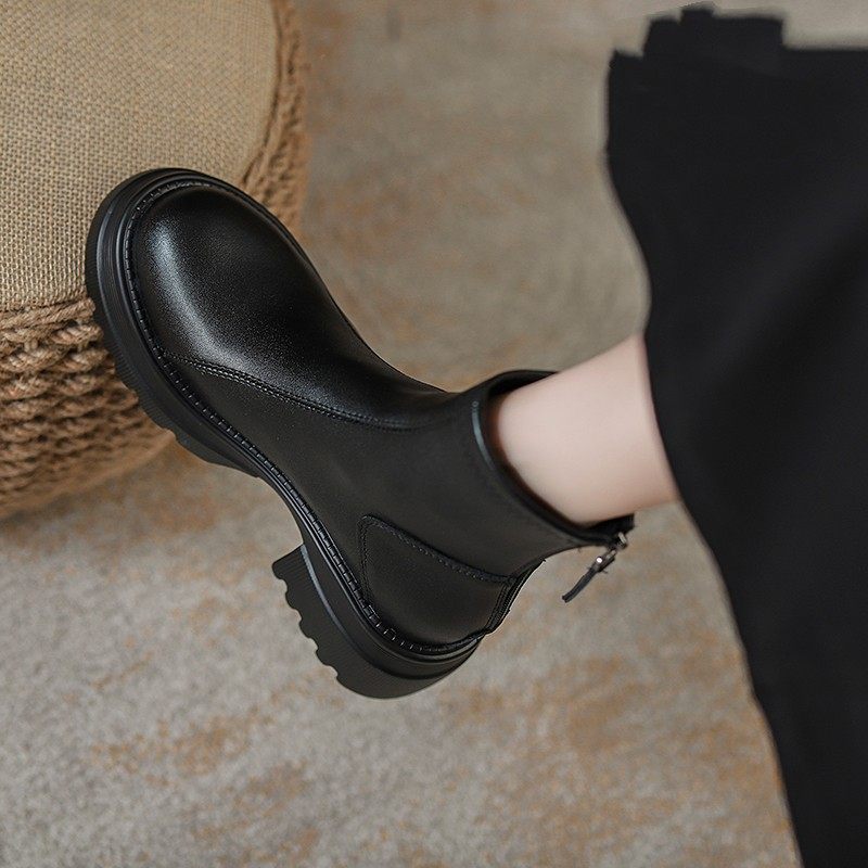 真皮短靴女2025新款秋冬小香风厚底马丁靴小个子配裙子韩系小踝靴