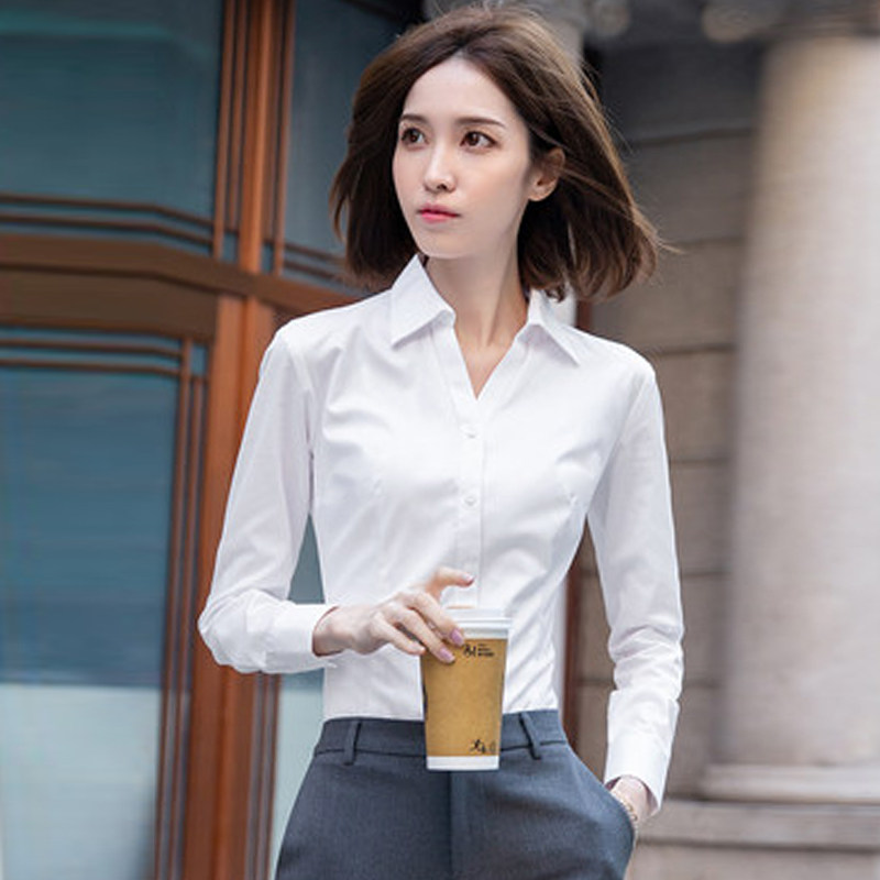 职业白衬衫女长袖2026新款V领商务上衣气质工装办公室修身棉气质