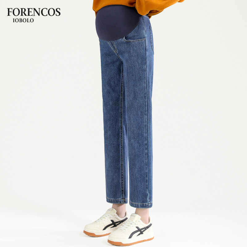 孕妇裤子秋季外牛仔裤小个子八分九分烟管裤秋冬季大码直筒裤秋装