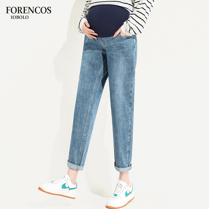 孕妇牛仔裤秋冬外穿直筒哈伦裤加绒加厚小个子九分老爹裤秋款长裤