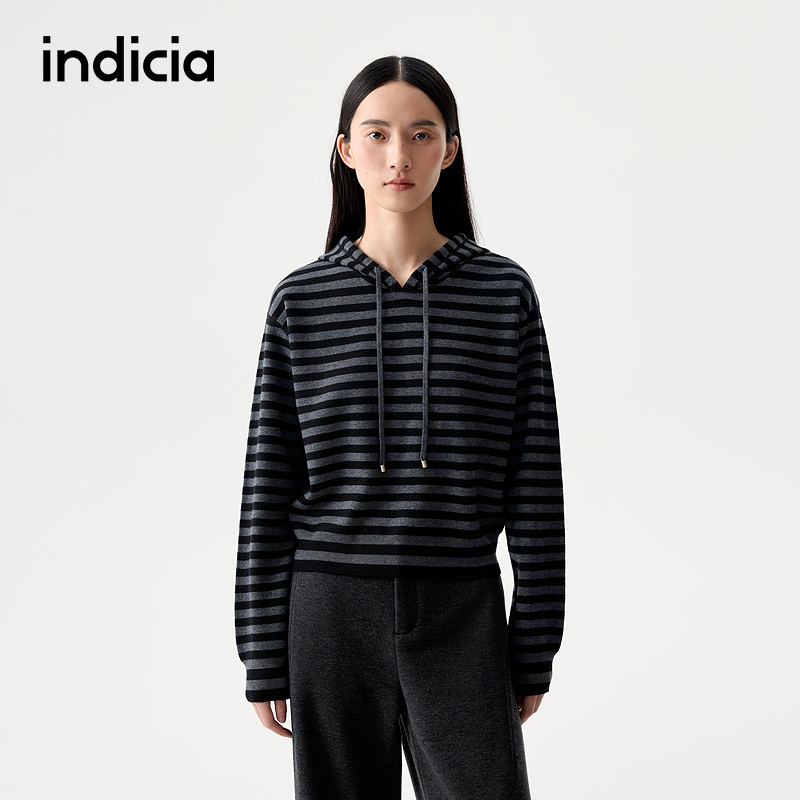 indicia标记25冬新款韩版奥利奥撞色条纹宽松连帽针织衫L2D5ZZ234