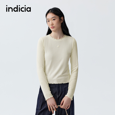 indicia标记商场同款2026春季新款甜美减龄木耳边T恤 F2A6TX095C