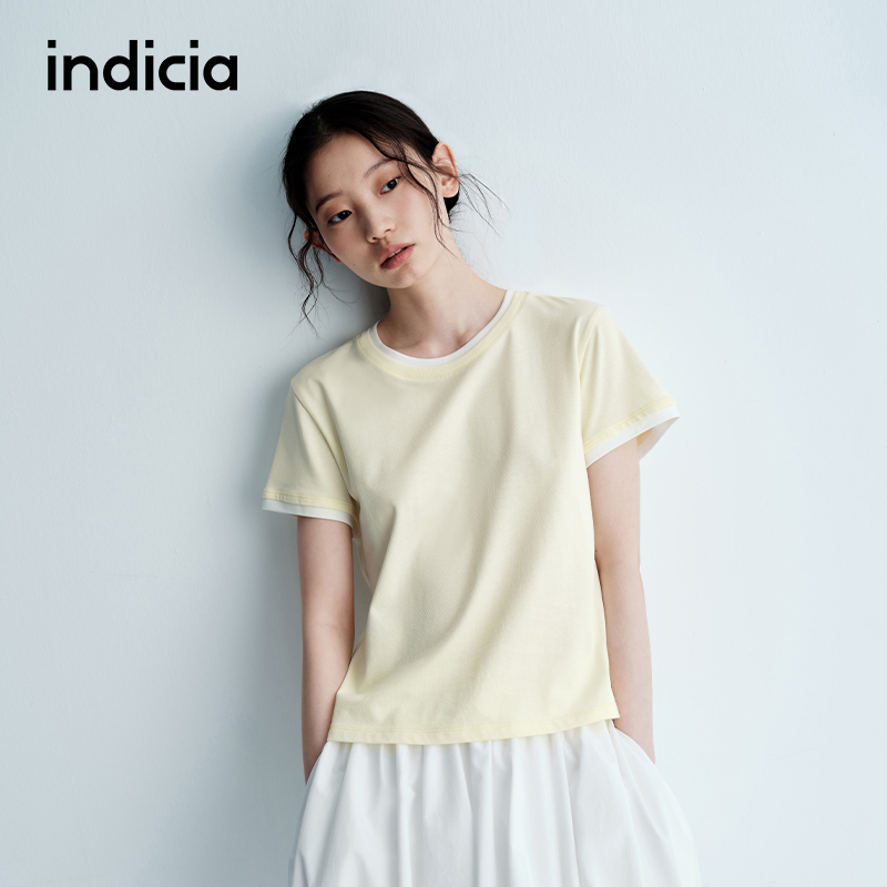 indicia标记25夏新清爽奶黄色少女感柔软假两件短袖T恤L2