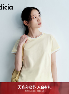 indicia标记25夏新款奶黄色少女感假两件短袖上衣女T恤L2B5TX055
