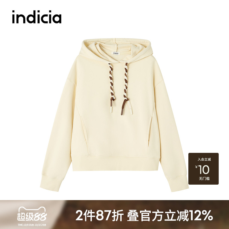 indicia标记商场同款奶黄色连帽卫衣双色抽绳撞色F2D4WY767N
