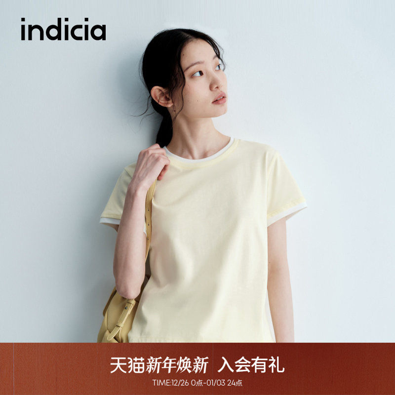 indicia标记25夏新款奶黄色少女感假两件短袖上衣女T恤L2B5TX055