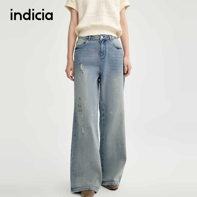 indicia标记泼墨破洞设计牛仔裤