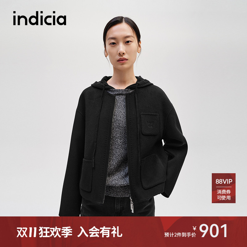 indicia标记山羊绒短款呢大衣