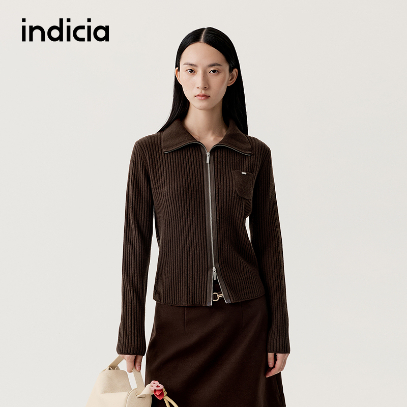 indicia标记2025冬新款复古文艺摩卡棕修身显瘦针织开衫L2D5KS287