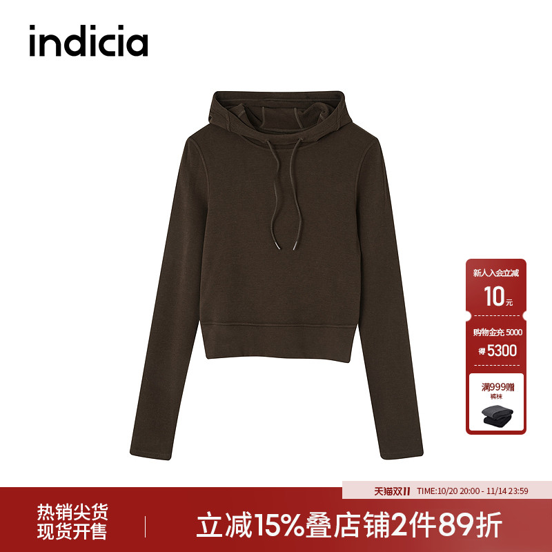 indicia标记商场同款短款宽松高校运动咖色卫衣抽绳F2D4WY793F