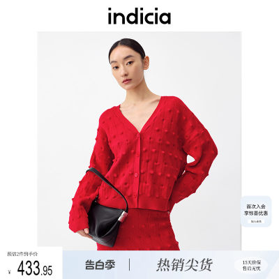 indicia红色毛衣开衫针织外套女