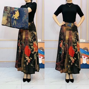 2023夏季新款高腰花色遮肉过膝裙子大码妈妈休闲气质松紧腰半身裙