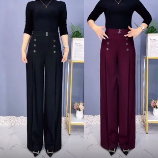 宽松厚款 秋季 中老年直筒裤 女高腰垂感大脚甩裤 妈妈 双排扣阔腿裤